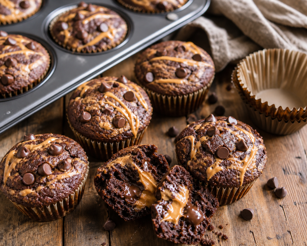 Chocolate muffins topped with chocolate chips and caramel drizzle, with one muffin broken open to show a gooey center