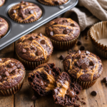 Chocolate muffins topped with chocolate chips and caramel drizzle, with one muffin broken open to show a gooey center