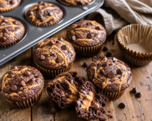 Chocolate muffins topped with chocolate chips and caramel drizzle, with one muffin broken open to show a gooey center