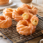 Glazed twisted doughnuts and crullers cooling on a wire rack