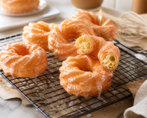 Glazed twisted doughnuts and crullers cooling on a wire rack