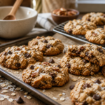Oatmeal chocolate chip cookies on a baking sheet with a mixing bowl and spoon nearby
