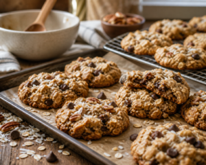 Oatmeal chocolate chip cookies on a baking sheet with a mixing bowl and spoon nearby