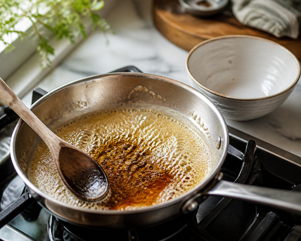 Simmering sauce in a saucepan with a wooden spoon on a stovetop