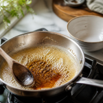 Simmering sauce in a saucepan with a wooden spoon on a stovetop