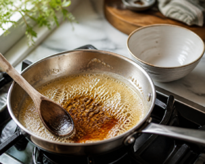 Simmering sauce in a saucepan with a wooden spoon on a stovetop