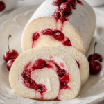 Cherry-filled Swiss roll dusted with powdered sugar, sliced on a plate with fresh cherries