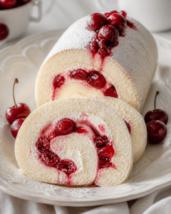 Cherry-filled Swiss roll dusted with powdered sugar, sliced on a plate with fresh cherries